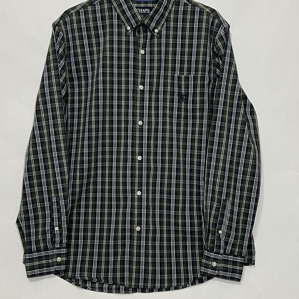 Chaps Stretch Easy Care Long Sleeve Button Collar Shirt Blue Green Plaid  Men XL